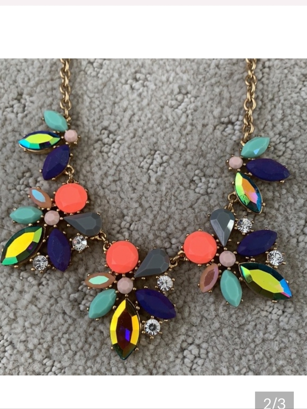 J. Crew Orange Blue Gray Turquoise Crystal Gold Tone Statement Necklace